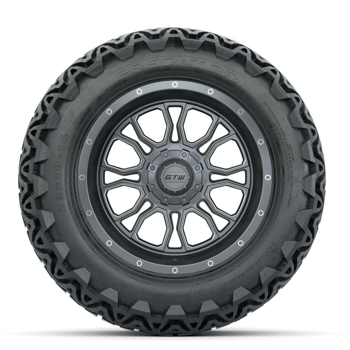 GTW Volt Gunmetal/Machined 14 in Wheels with 23x10-14 Predator All-Terrain Tires Full Set