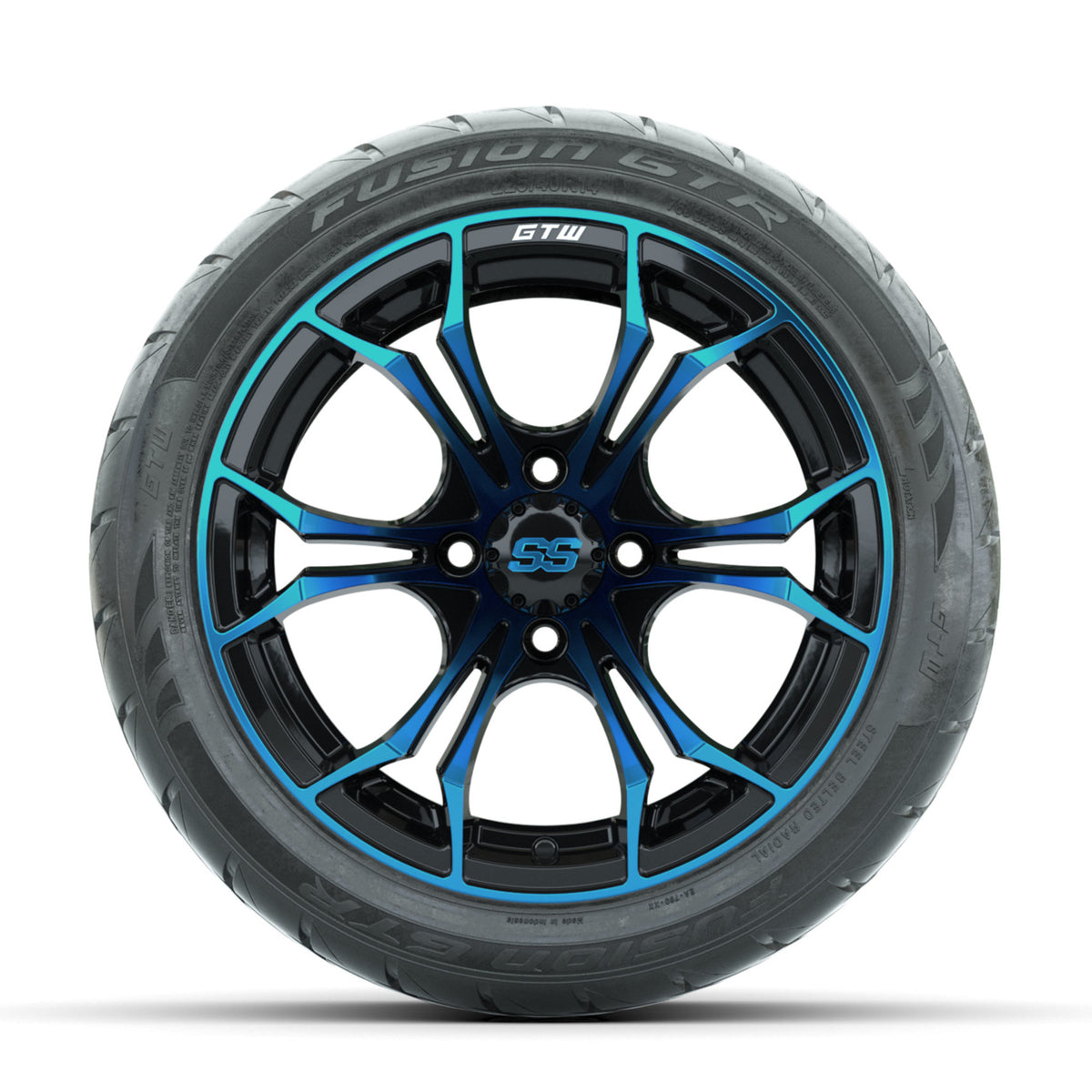 GTW Spyder Blue/Black 14 in Wheels with 225/40-R14 Fusion GTR Street Tires Full Set