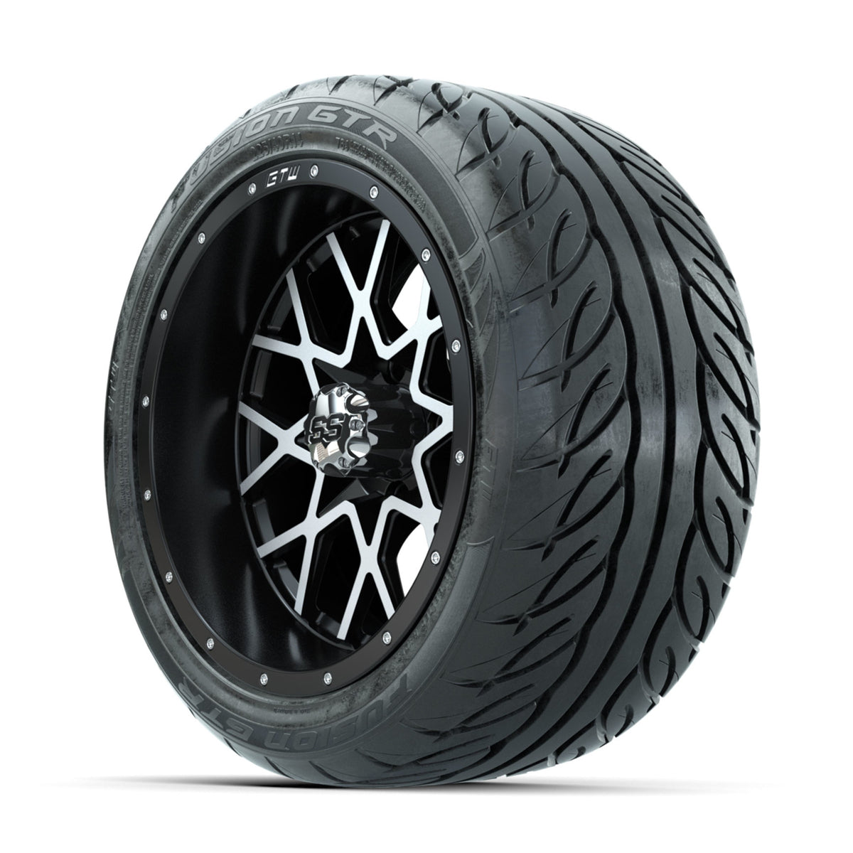 GTW Vortex Machined/Matte Black 14 in Wheels with 225/40-R14 Fusion GTR Street Tires Full Set