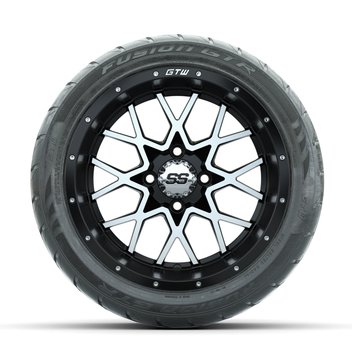 GTW Vortex Machined/Matte Black 14 in Wheels with 225/40-R14 Fusion GTR Street Tires Full Set