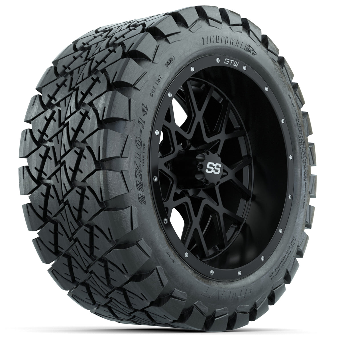 14 inch Matte Black Vortex w/ 22 10 14 Timberwolf Hybrid Tire (set of 4)