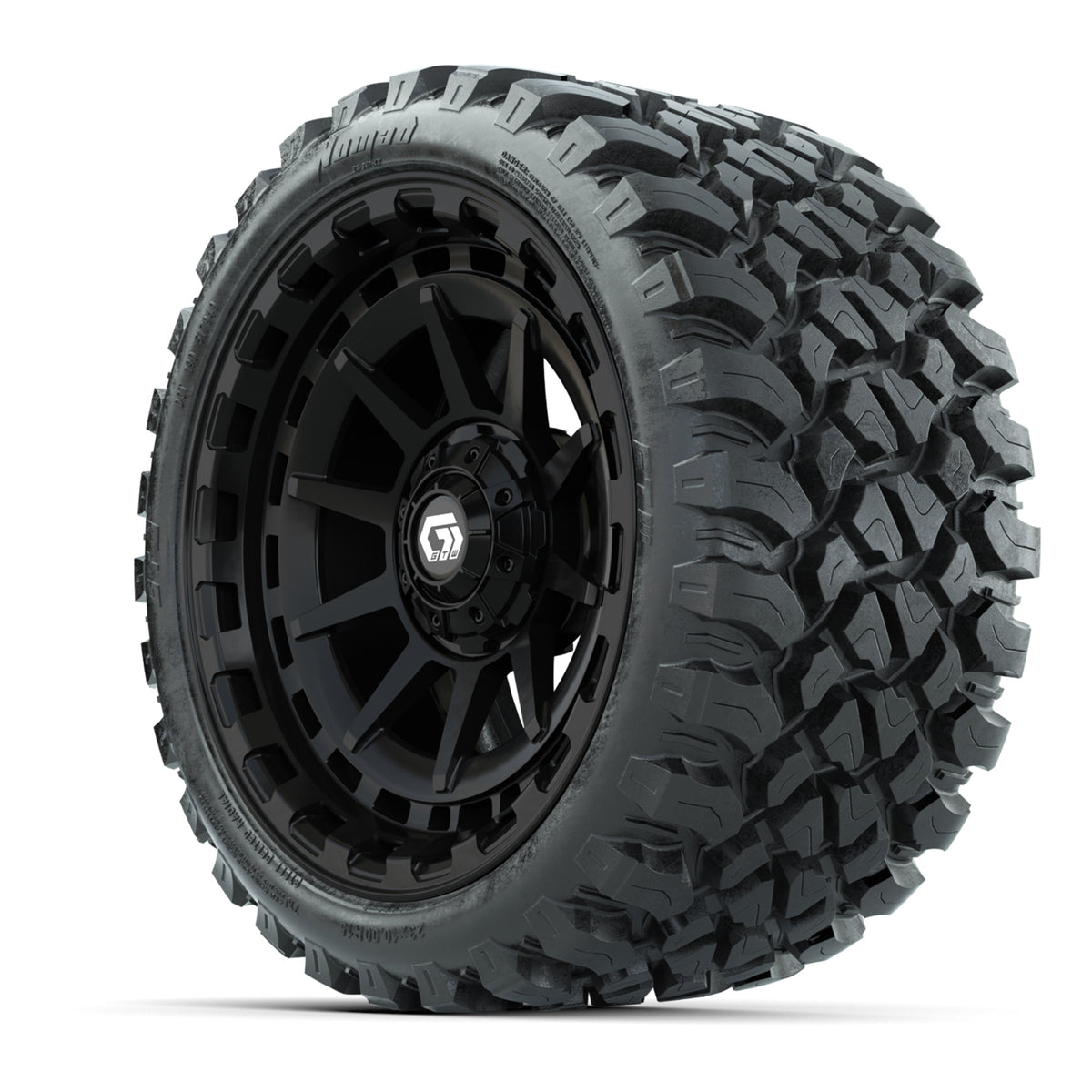 GTW® Barricade Gloss Black 15 inch Wheels with 23x10-R15 Nomad Steel Belted Radial All-Terrain Tires Full Set
