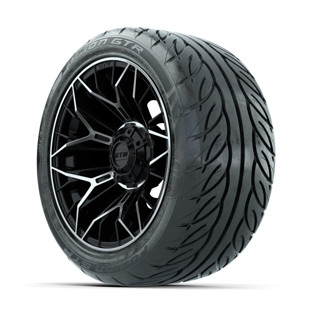 GTW Stellar Machined/Black 14 in Wheels with 225/40-R14 Fusion GTR Street Tires Full Set