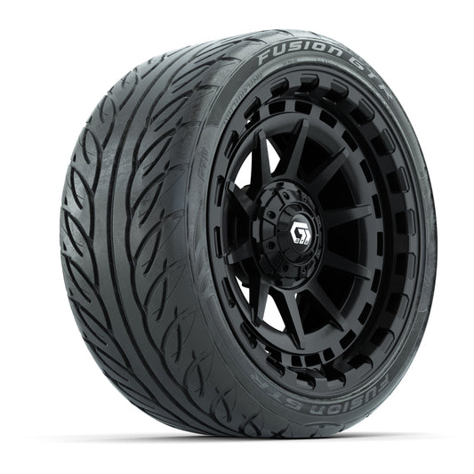 GTW® Barricade Gloss Black 15 inch Wheels with 215/40-R15 Fusion GTR Steel Belted Street Tires Full Set
