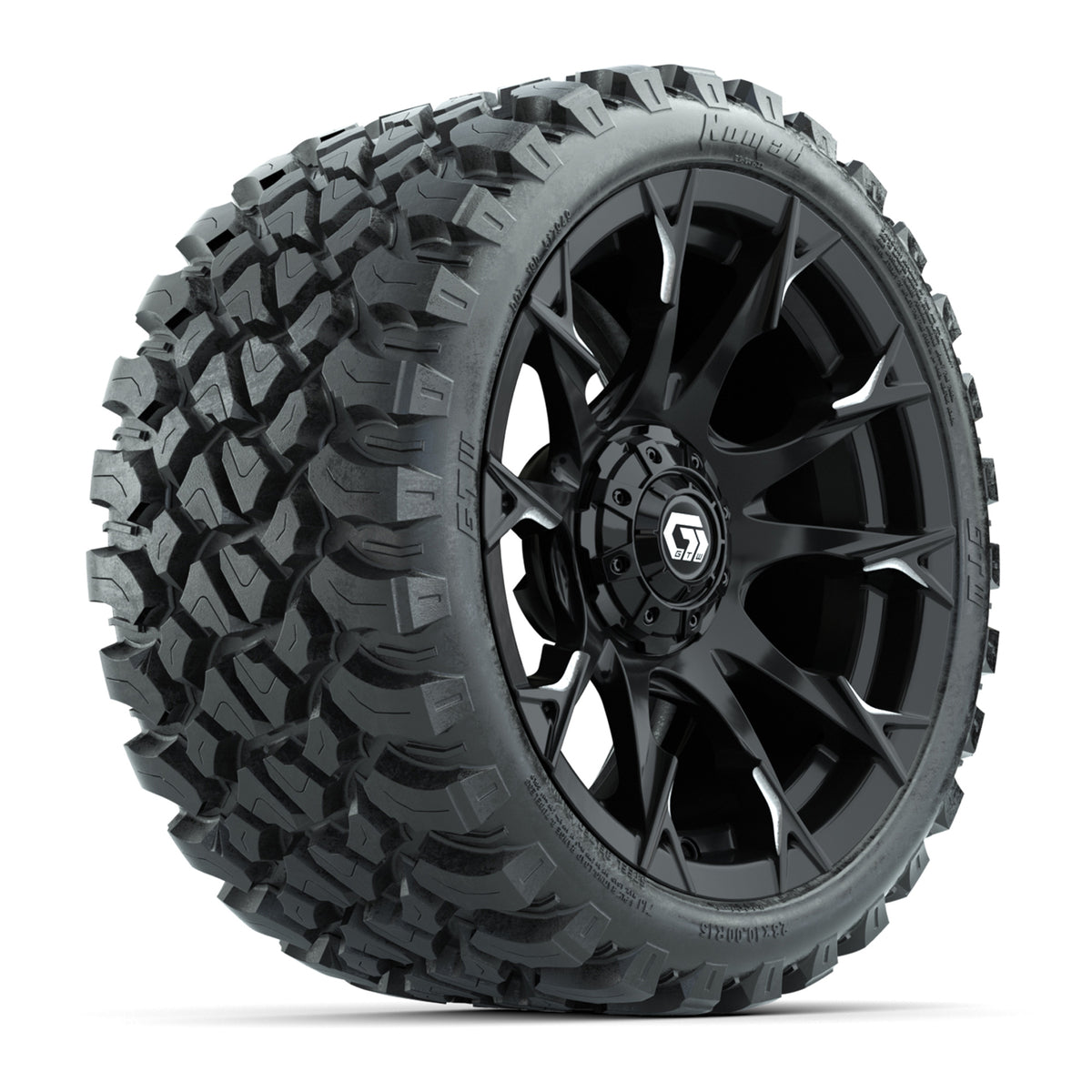 GTW Diablo Gloss Black/Machined 15 inch Wheels with 23x10-R15 Nomad Steel Belted Radial All-Terrain Tires Full Set