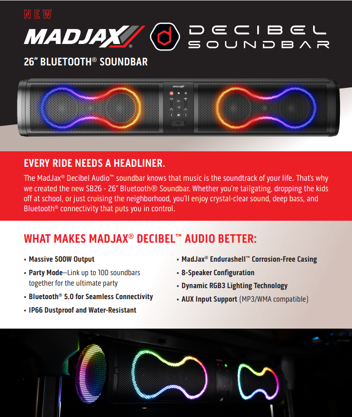 Madjax 26" 500 watt Bluetooth Sound bar for Golf Carts
