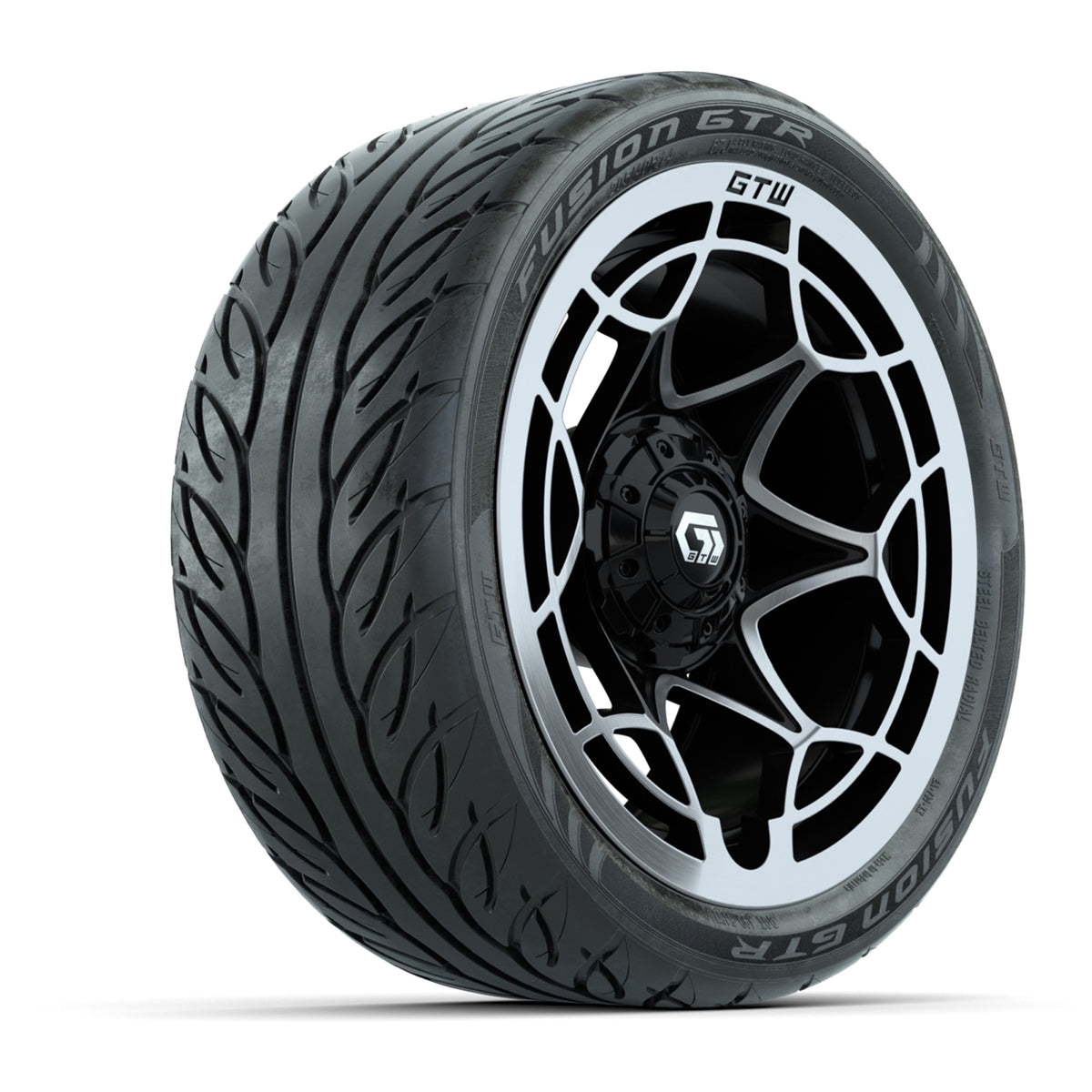 GTW® Nexus Gloss Black/Silver 14 in Wheels with 205/40-R14 Fusion GTR Steel Belted Street Tires Full Set