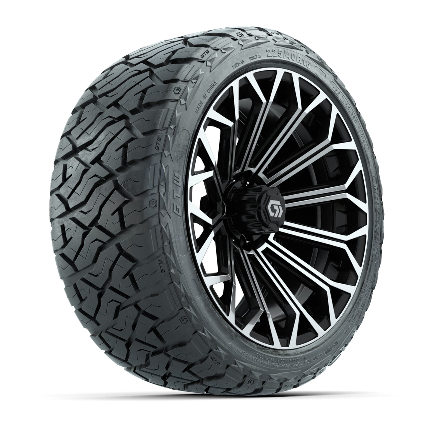 GTW® Phantom Black/Machined 16" Golf Cart Wheels with 225/40-R16 Maverick A/T Tires - Full Set