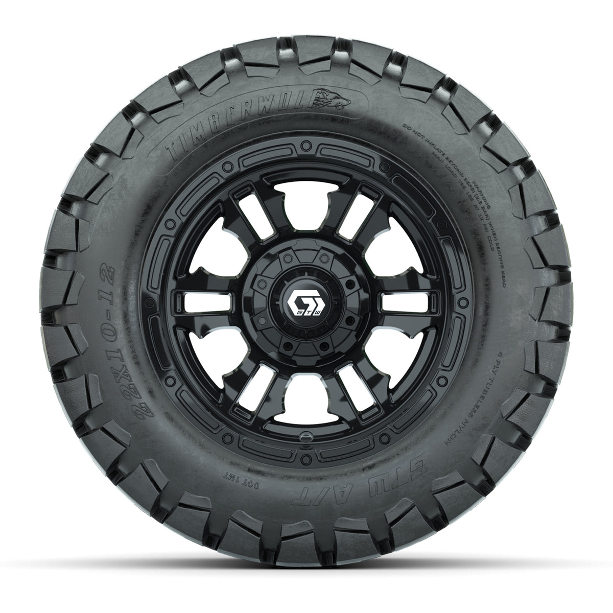 GTW® Shogun Gloss Black 12 in Wheels with 22x10-12 Timberwolf All-Terrain Tires Full Set