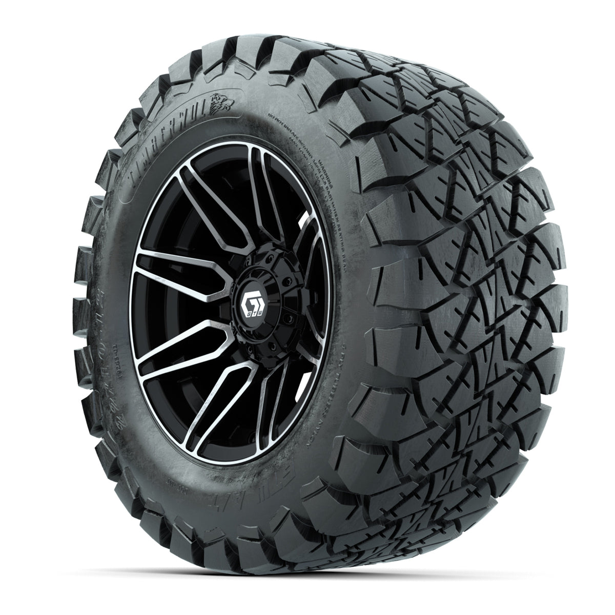 GTW® Stealth Black/Machined 12 in Wheels with 22x10-12 Timberwolf All-Terrain Tires Full Set