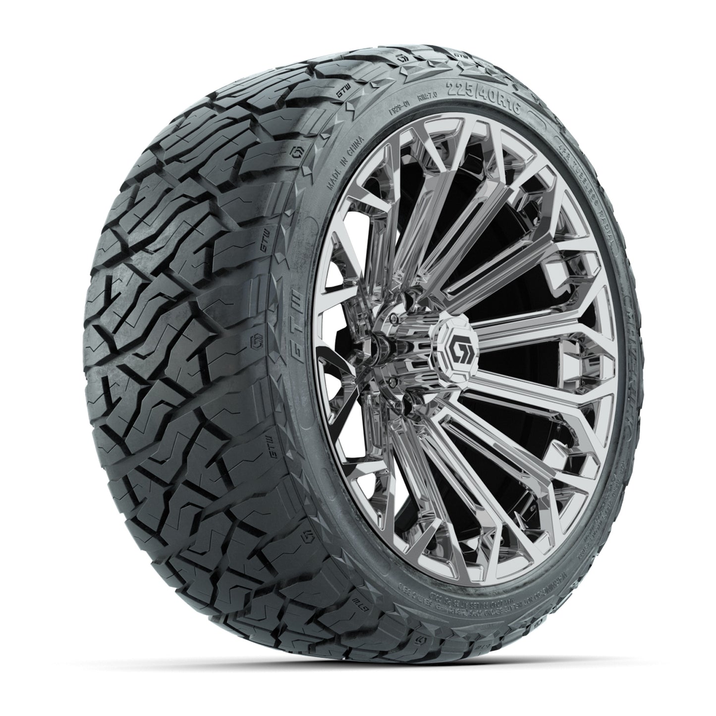 GTW® Monaco Chrome 16" Golf Cart Wheels with 225/40-R16 Maverick A/T Tires - Full Set