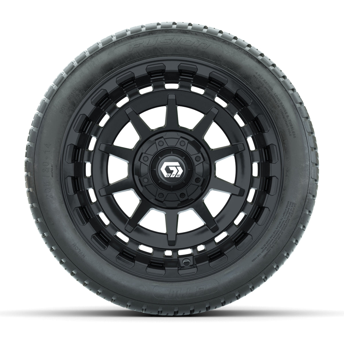 GTW® Barricade Gloss Black 14 in Wheels with 205/30-14 Fusion Street Tires Full Set