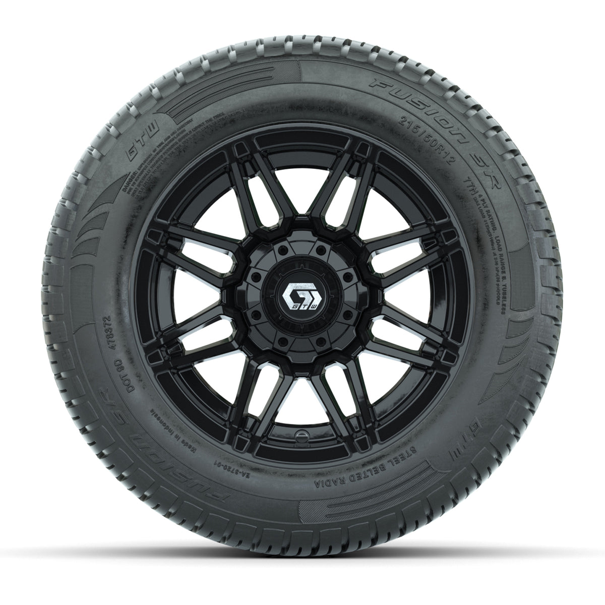 GTW® Stealth Gloss Black 12 in Wheels with 215/50-R12 Fusion S/R Steel Belt Radial Tires Full Set