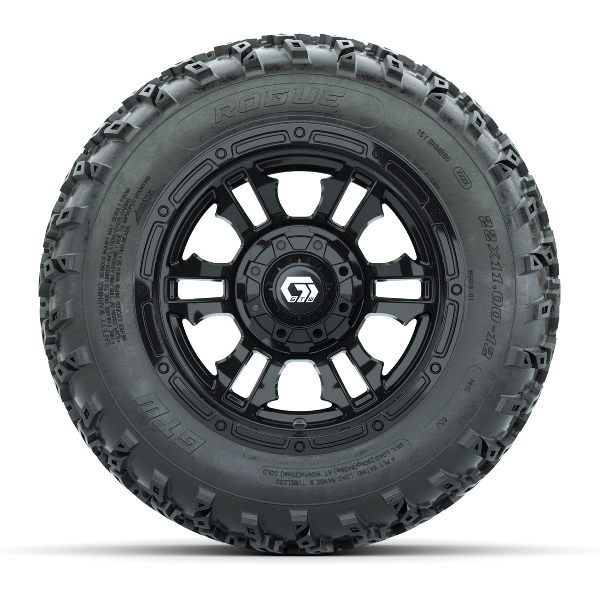 GTW® Shogun Gloss Black 12 in Wheels with 22x11.00-12 Rogue All-Terrain Tires Full Set