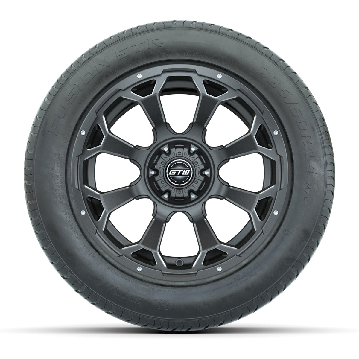 GTW® Raven Matte Gray 14" Wheels with 255/50-R14 Fusion STR DOT Approved Street Tires - Full Set