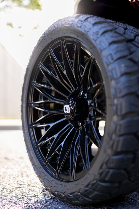 GTW 16" BLUR Gloss Black Golf Cart Wheels & 225/40R16 Maverick All-Terrain Tires