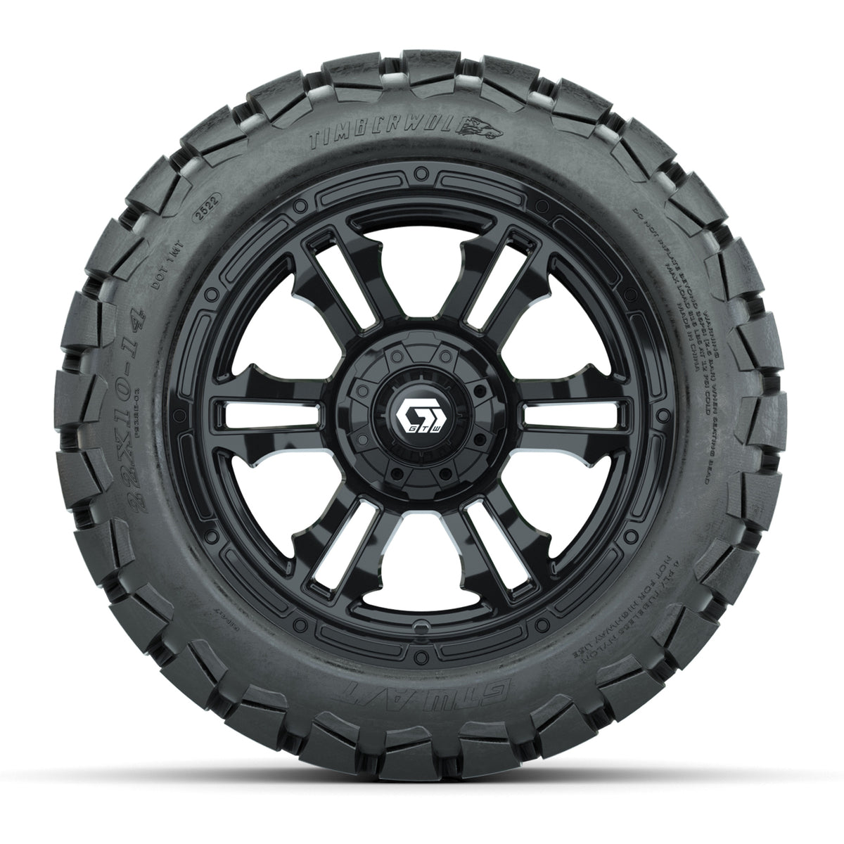GTW® Shogun Gloss Black 14 in Wheels with 22x10-14 Timberwolf All-Terrain Tires Full Set