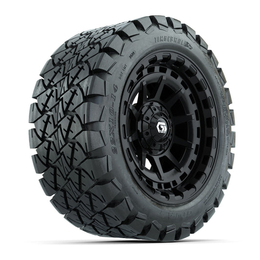 GTW® Barricade Gloss Black 14 in Wheels with 22x10-14 Timberwolf All-Terrain Tires Full Set