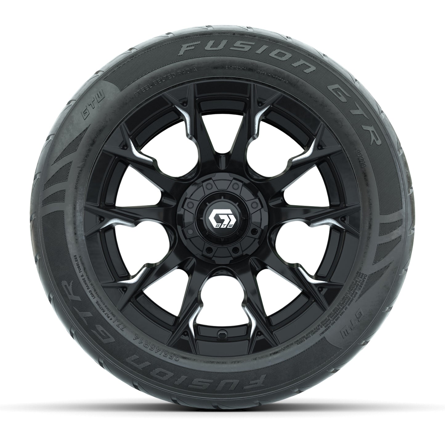 14" GTW® Diablo Gloss Black/Machined Golf Cart Wheels & 255/45-R14 Fusion GTR Radial Street Tires (Set of 4)