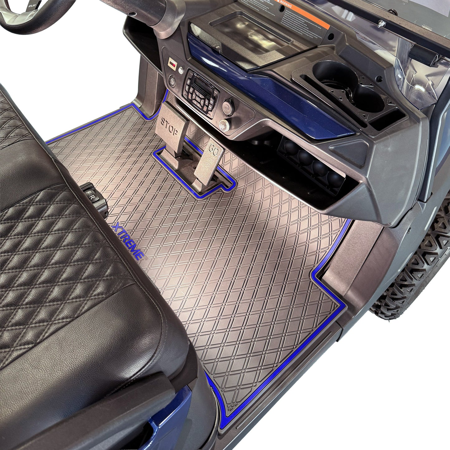 Xtreme Mats Full Coverage Golf Cart Floor Mat – Atlas | Black & Blue Trim