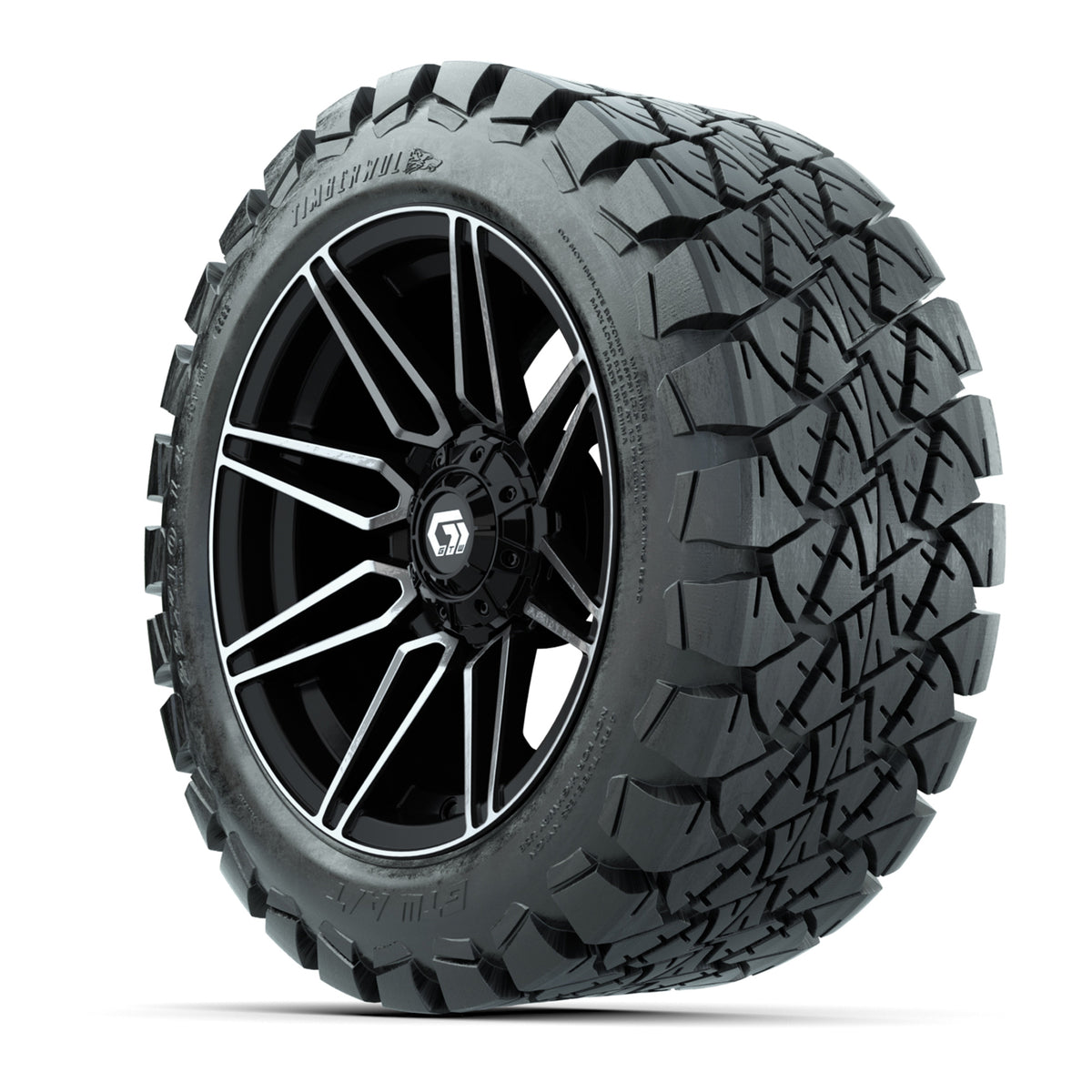 GTW® Stealth Gloss Black/Machined 14 in Wheels with 22x10-14 Timberwolf All-Terrain Tires Full Set