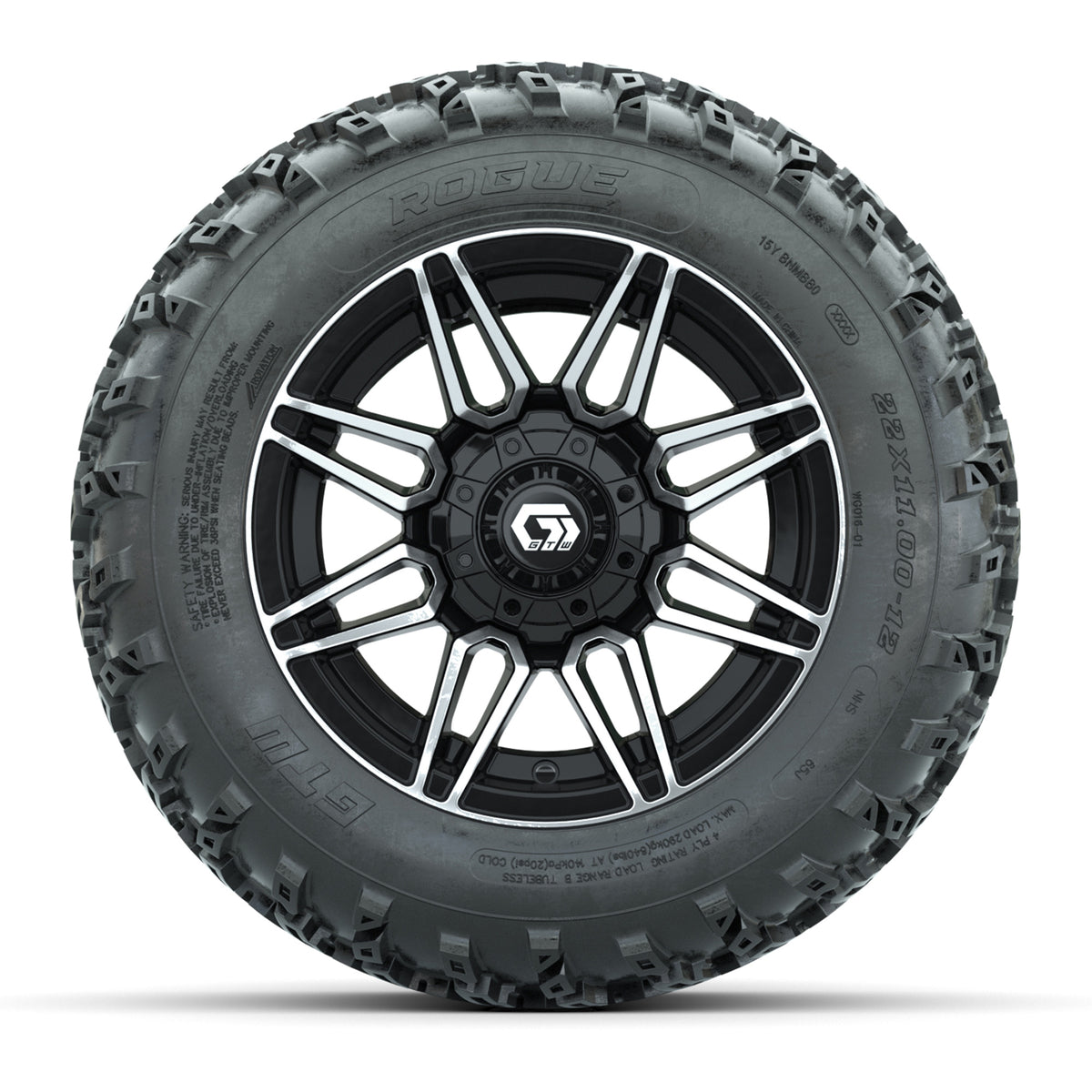 GTW® Stealth Black/Machined 12 in Wheels with 22x11.00-12 Rogue All-Terrain Tires Full Set