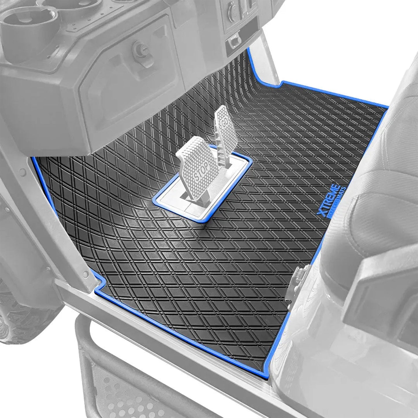 Xtreme Mats Full Coverage Golf Cart Floor Mat – Advanced EV Advent 4 | Black & Blue Trim