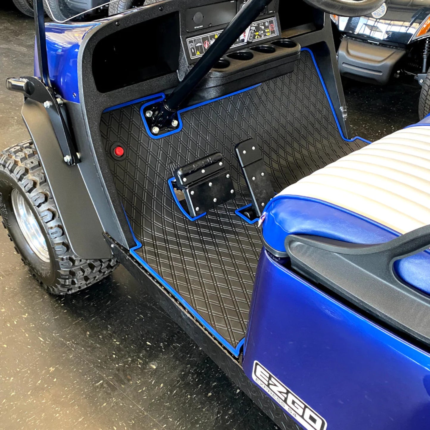Xtreme Mats Full-Coverage Golf Cart Floor Mat | EZGO TXT / Workhorse / Express S4 / Cushman / Navitas TXT Frame – Black/Blue