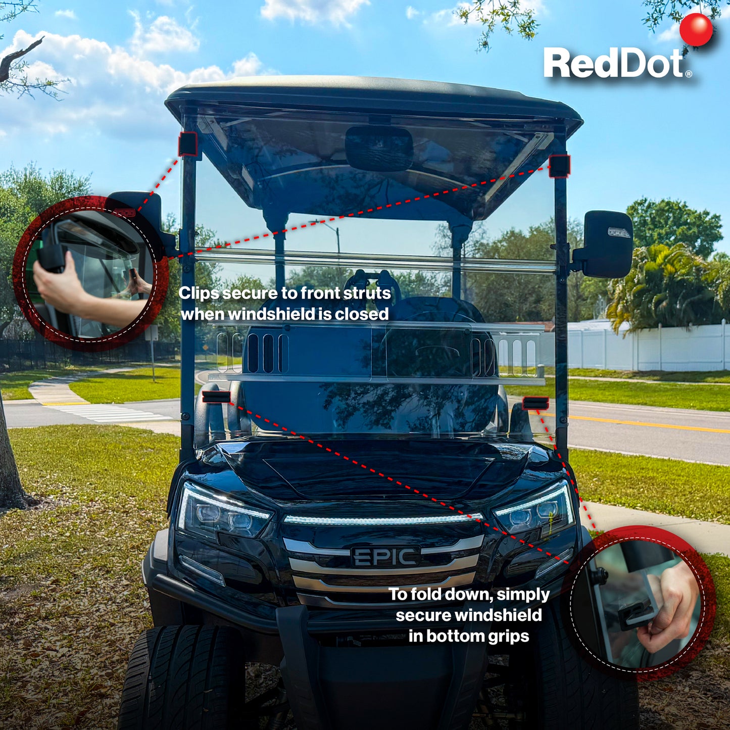 RedDot Tinted Folding Windshield for Epic E40FX Golf Cart (4-Forward Facing Seats)