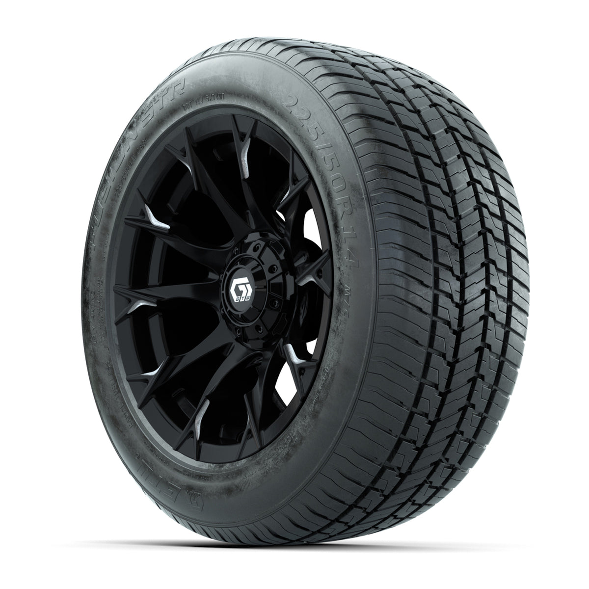 GTW® Diablo Gloss Black and Machined 14" Wheels with 255/50-R14 Fusion STR DOT Approved Street Tires - Full Set