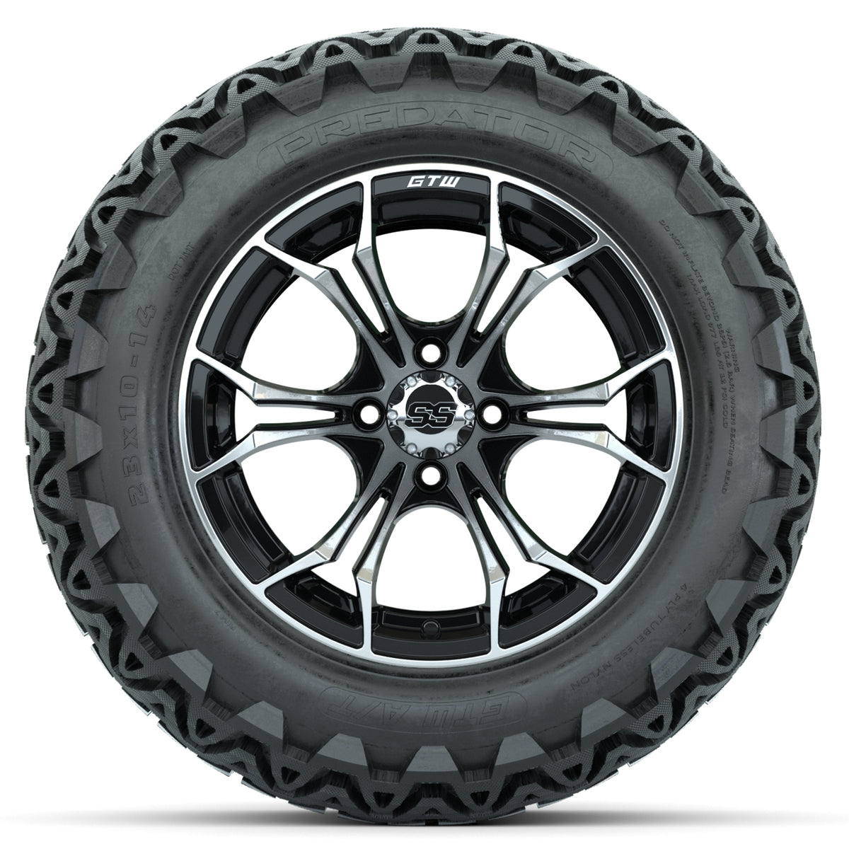 GTW Spyder Machined/Black 14 in Wheels with 23x10-14 GTW Predator All-Terrain Tires Full Set
