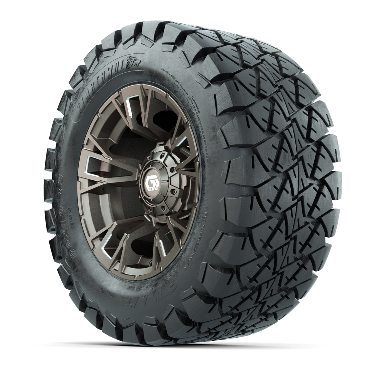 GTW® Vandal Satin Bronze/Machined 12 in Wheels with 22x10-12 Timberwolf All-Terrain Tires Full Set