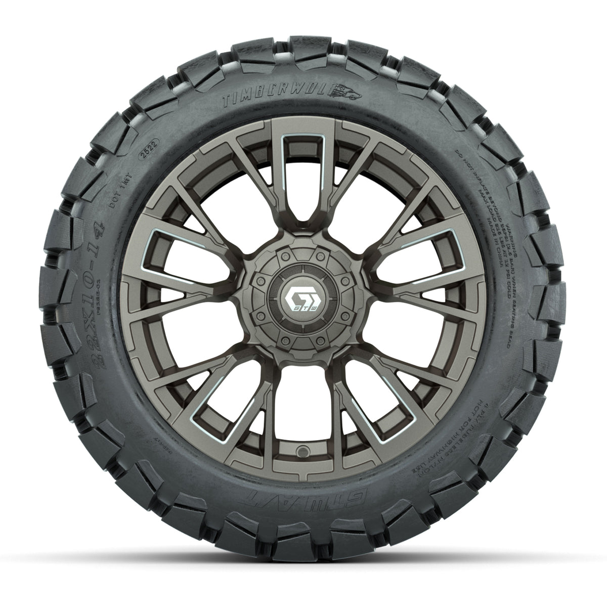 GTW® Vandal Satin Bronze/Machined 14 in Wheels with 22x10-14 Timberwolf All-Terrain Tires Full Set