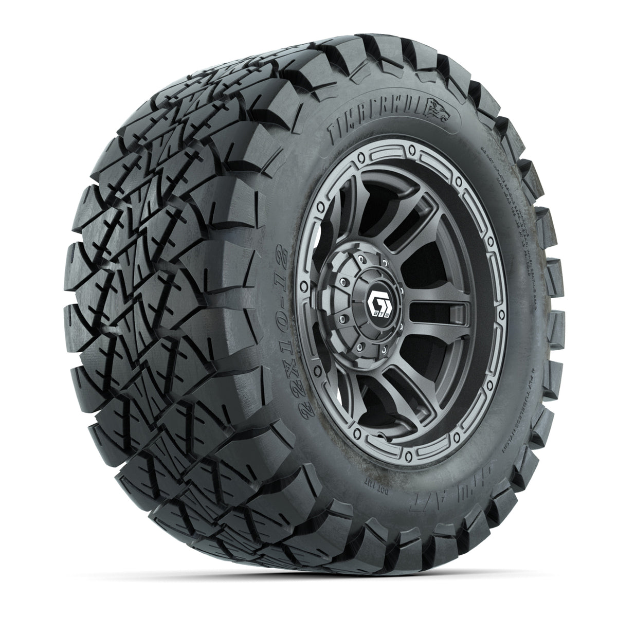 GTW® Shogun Gunmetal 12 in Wheels with 22x10-12 Timberwolf All-Terrain Tires Full Set