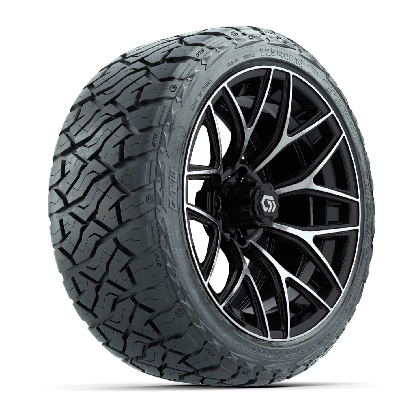GTW 16" Monaco Black/Machined Golf Cart Wheels & 225/40-R16 Maverick Street Tires