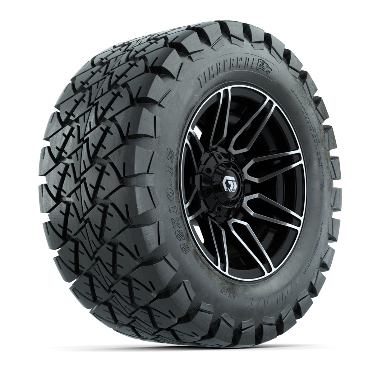 GTW® Stealth Black/Machined 12 in Wheels with 22x10-12 Timberwolf All-Terrain Tires Full Set