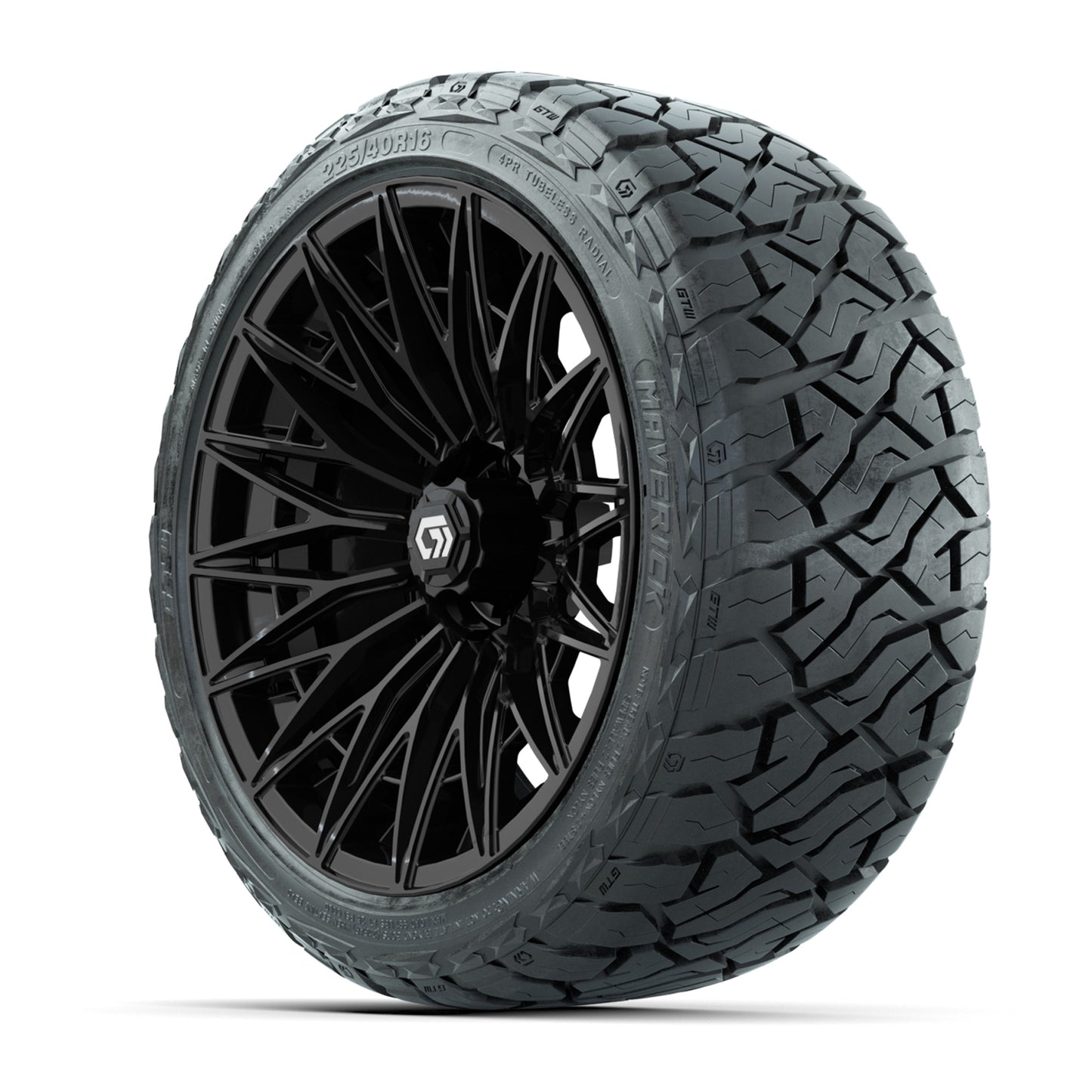 GTW 16" BLUR Gloss Black Golf Cart Wheels & 225/40R16 Maverick All-Terrain Tires