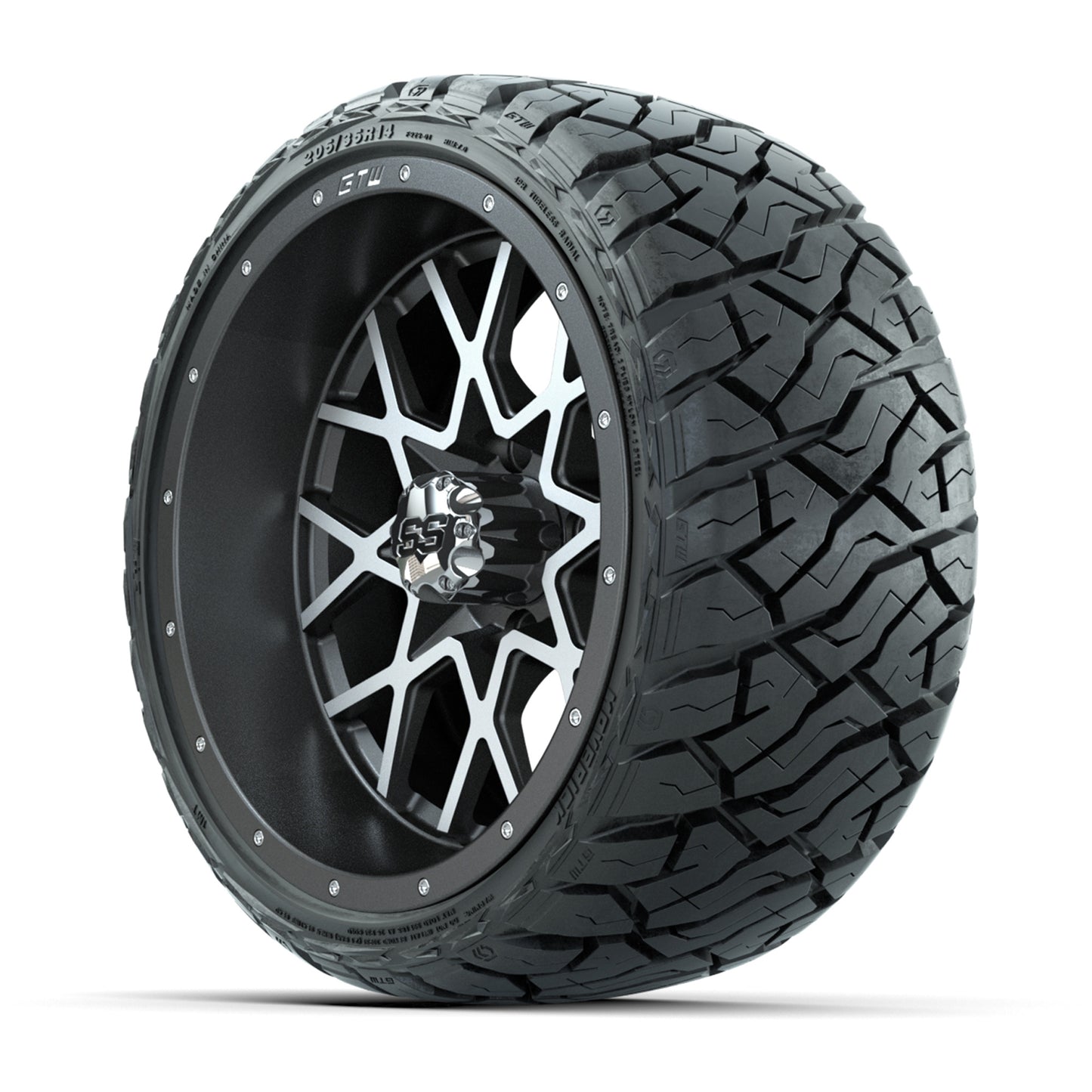 GTW Vortex Matte Gray/Machined 14" Wheels & 205/35-R14 Maverick Low-Profile AT Tires – Set of 4