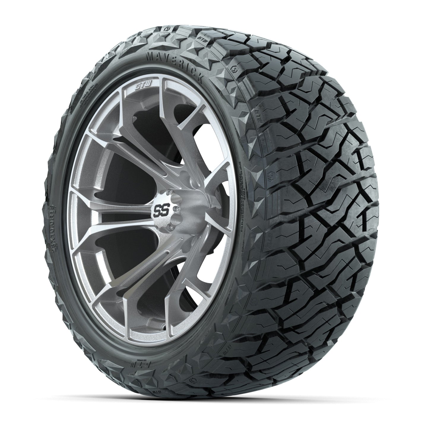 GTW Spyder Silver/Machined 15" Wheels & 23x10.00-R15 Maverick All-Terrain Tires – Set of 4