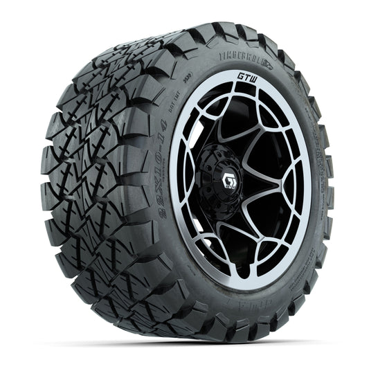 GTW® Nexus Gloss Black/Silver 14 in Wheels with 22x10-14 Timberwolf All-Terrain Tires Full Set