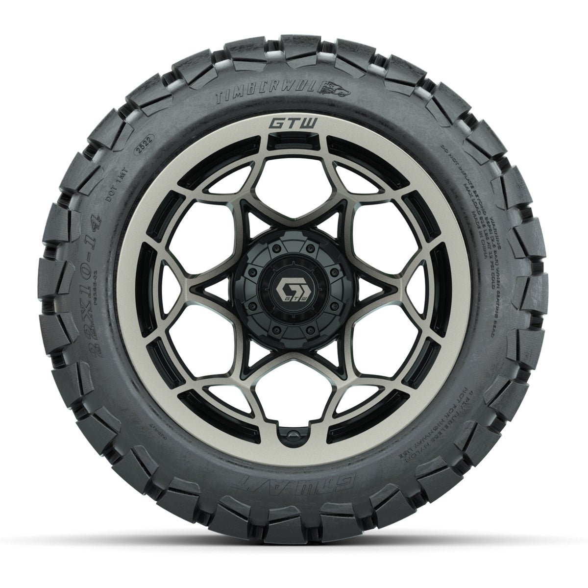 GTW® Nexus Gloss Black/Bronze 14 in Wheels with 22x10-14 Timberwolf All-Terrain Tires Full Set