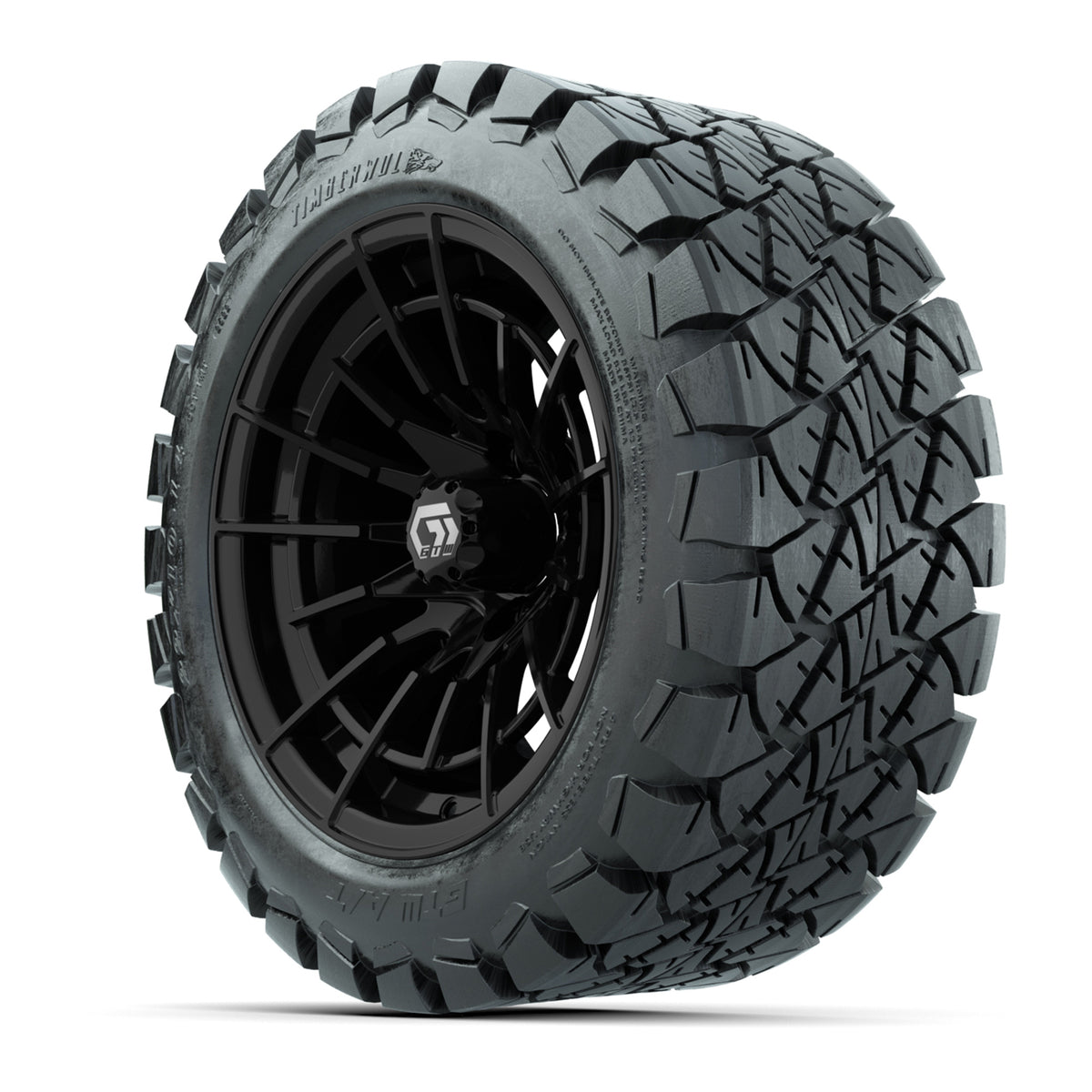 GTW® Boost Gloss Black 14 in Wheels with 22x10-14 Timberwolf All-Terrain Tires Full Set