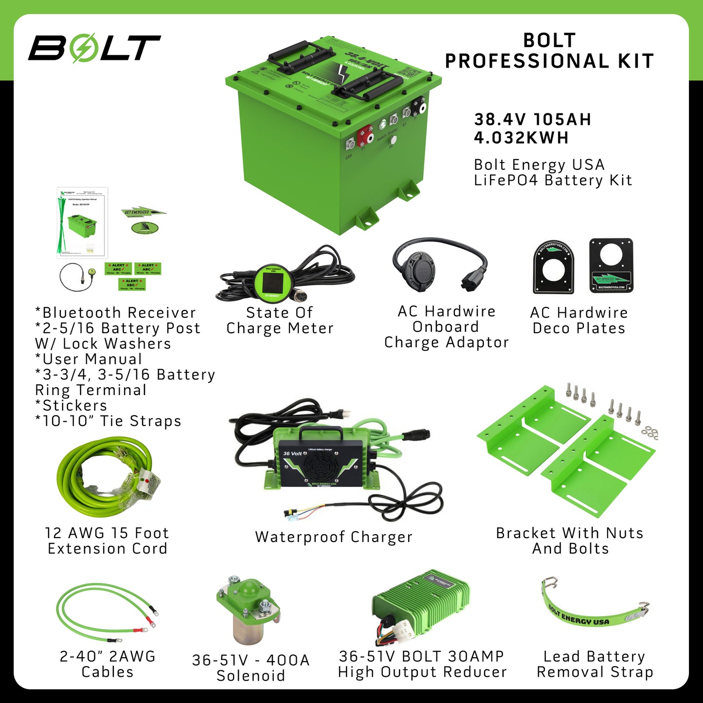 Bolt Energy 38.4V 105Ah LiFePO4 Lithium Battery Kit for Yamaha G1, G8, G9, G14 & G16 Golf Carts Pro