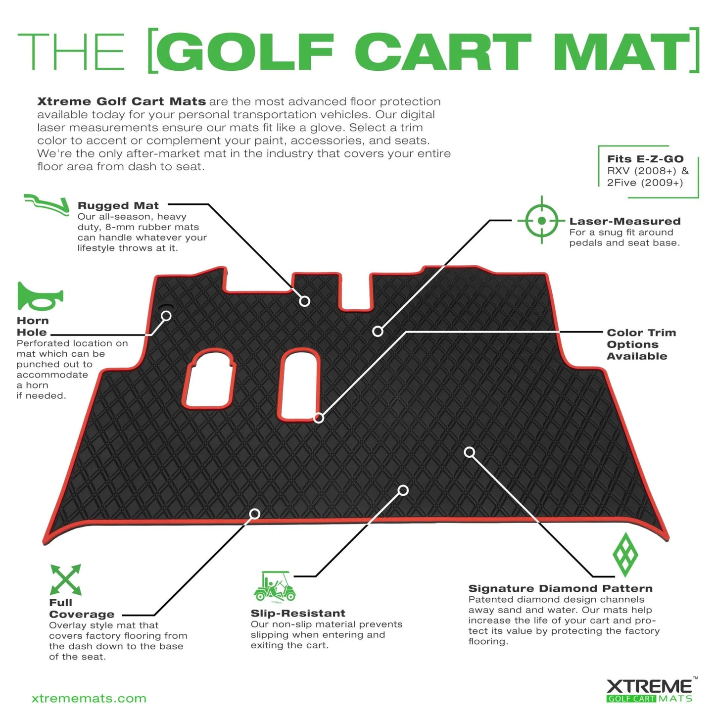 Xtreme Mats Full Coverage Golf Cart Floor Mat | EZGO RXV (2008-2022) / 2Five / Western – All Black