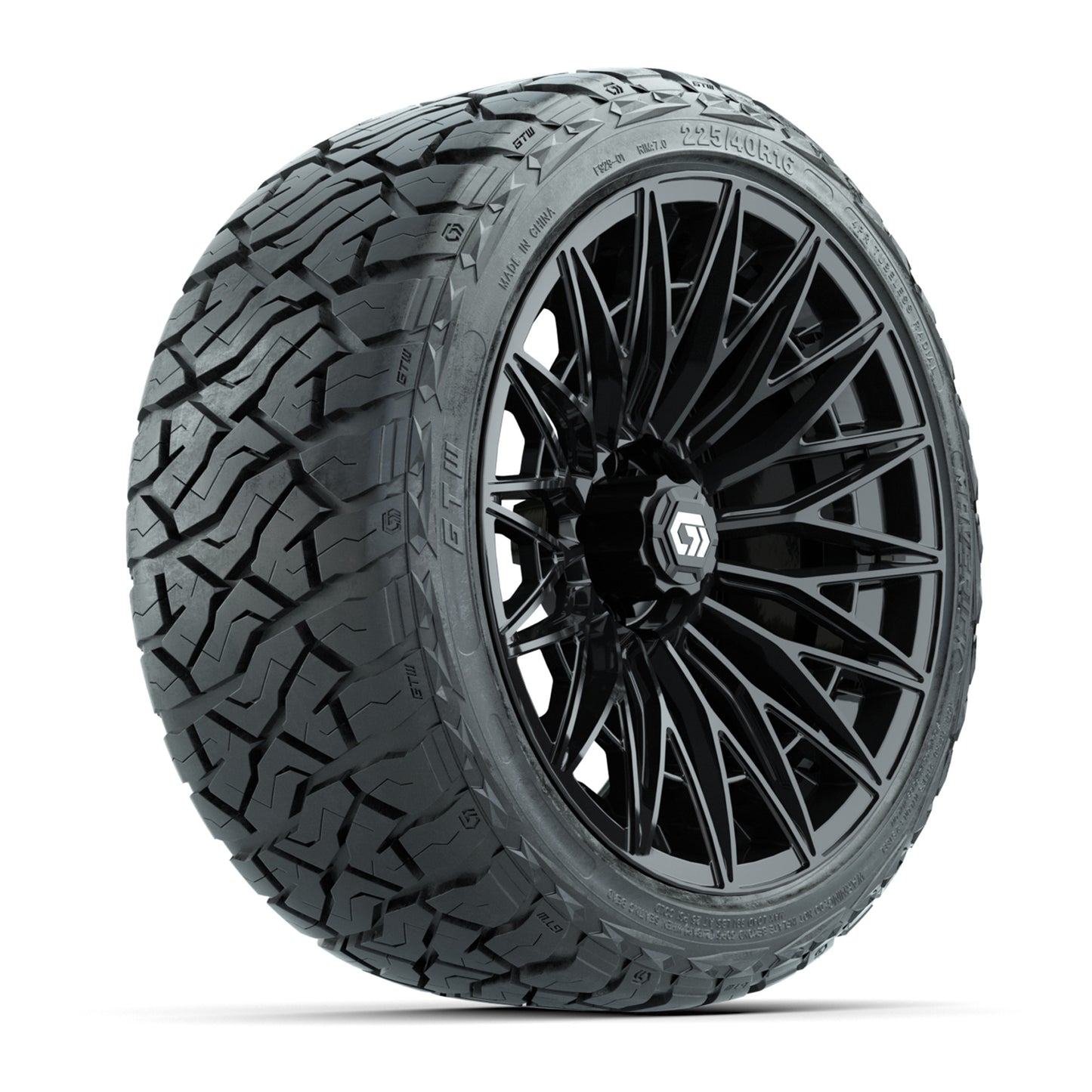 GTW 16" BLUR Gloss Black Golf Cart Wheels & 225/40R16 Maverick All-Terrain Tires