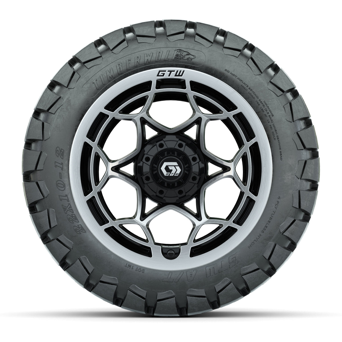GTW® Nexus Gloss Black 12 in Wheels with 22x10-12 Timberwolf All-Terrain Tires Full Set
