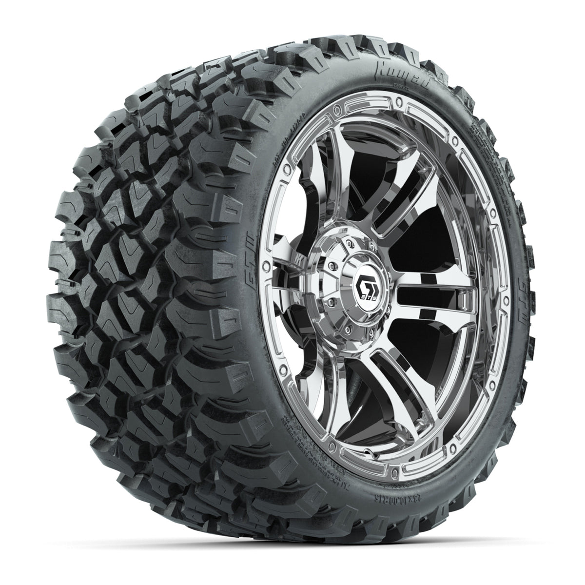 GTW® Shogun Chrome 15 inch Wheels with 23x10-R15 Nomad Steel Belted Radial All-Terrain Tires Full Set