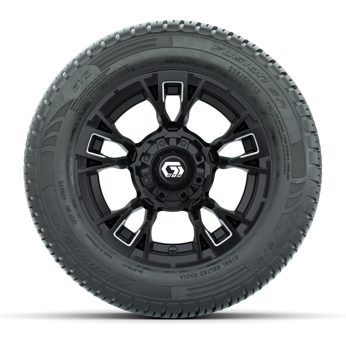 GTW® Vandal Matte Black/Machined 12 in Wheels with 215/50-R12 Fusion S/R Steel Belt Radial Tires Full Set