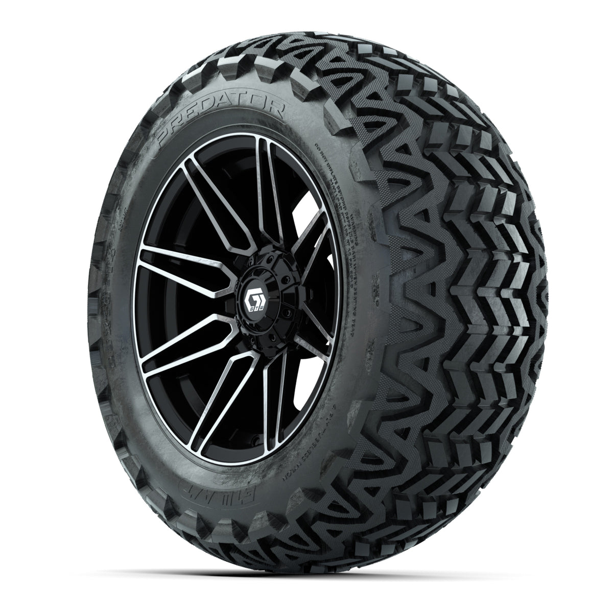 GTW® Stealth Gloss Black/Machined 14 in Wheels with 23x10-14 Predator All-Terrain Tires Full Set