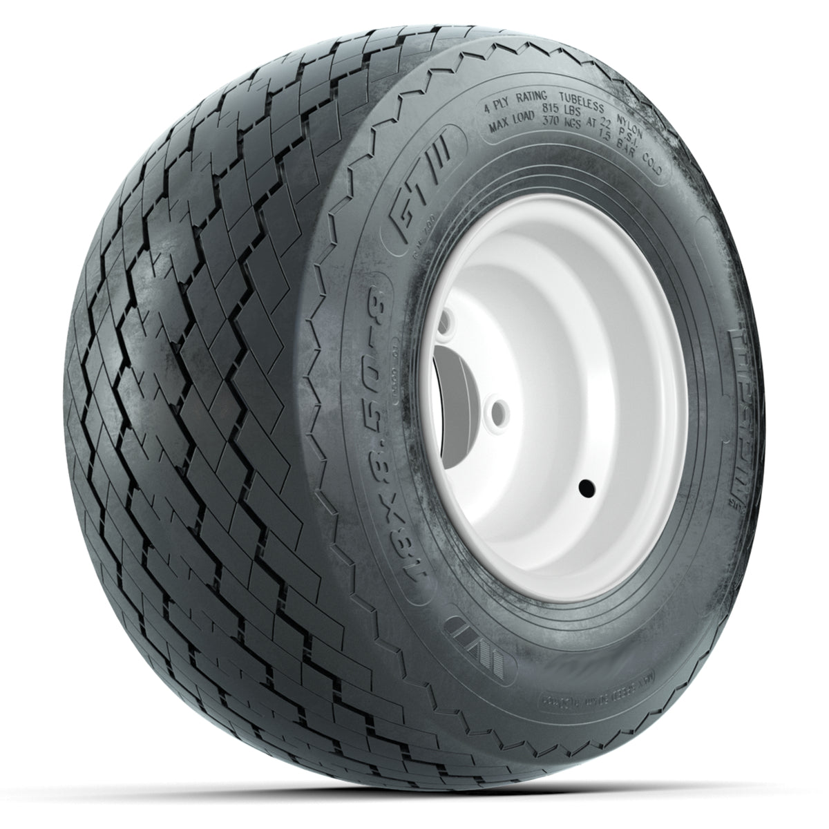Set of (4) 8 in White Steel Wheels with 18 in Golf Pro Plus Sawtooth Tires (6-Ply)